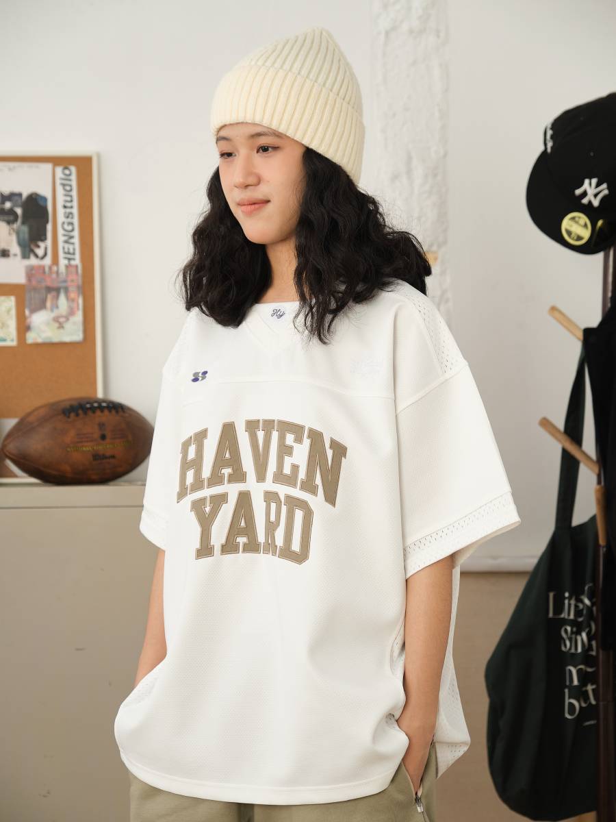 CRISSREX Store Havenyard American Retro Patch Embroidered Football Clothing Breath short -sleeved T -shirt