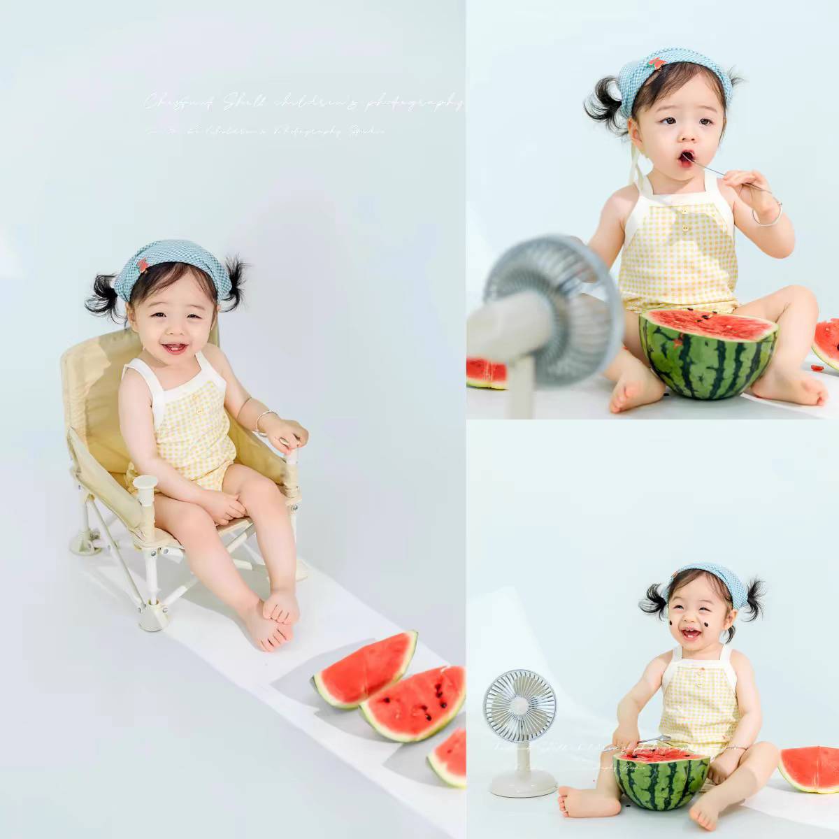 Children's summer age hundreds of days, taking pictures, clothing, blue lattice headscarf retro and fresh summer watermelon theme photo