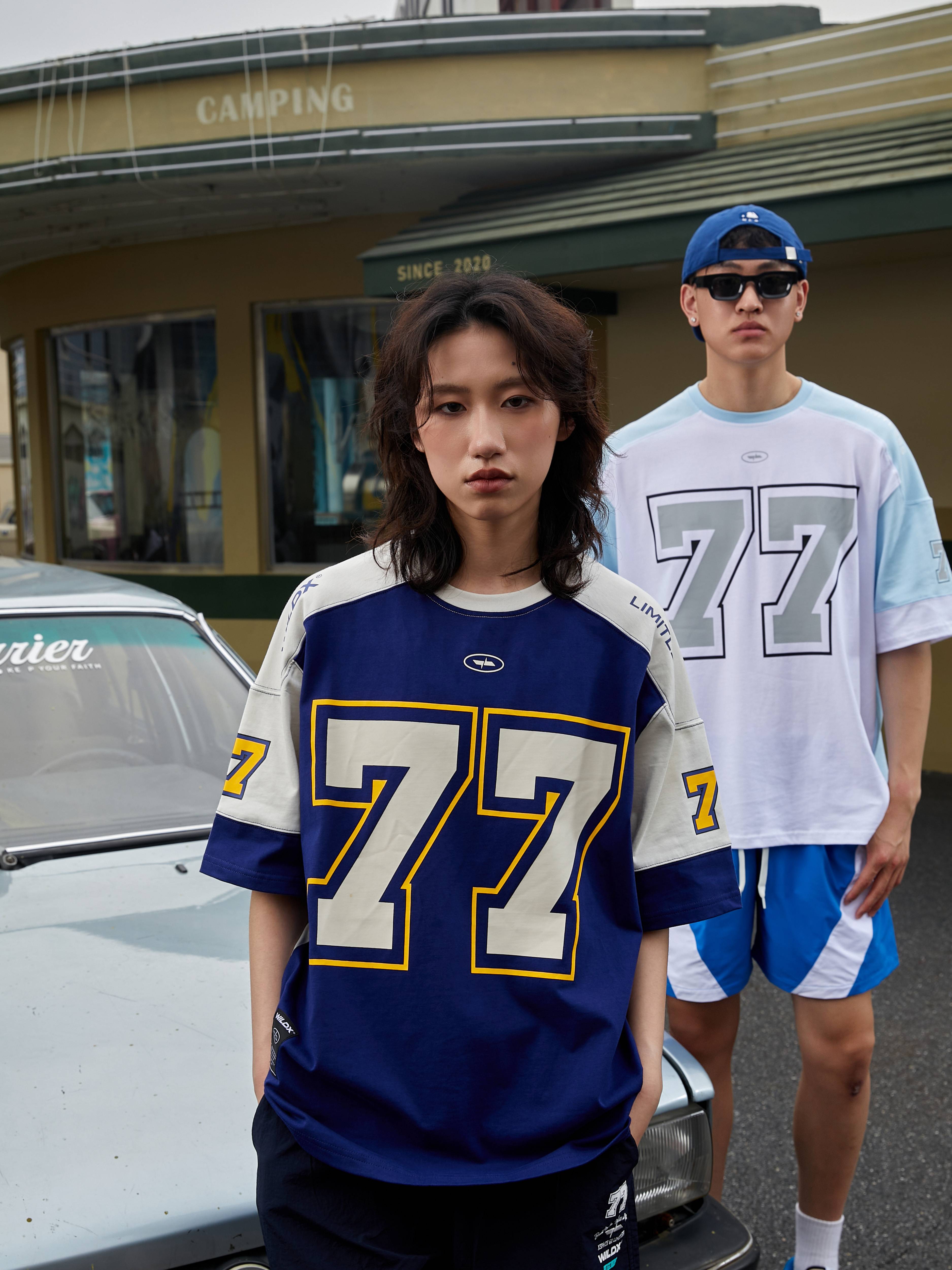 Wildx 77 ice hockey short -sleeved American retro sports stitching casual rugby uniform basketball hip -hop jersey T -shirt