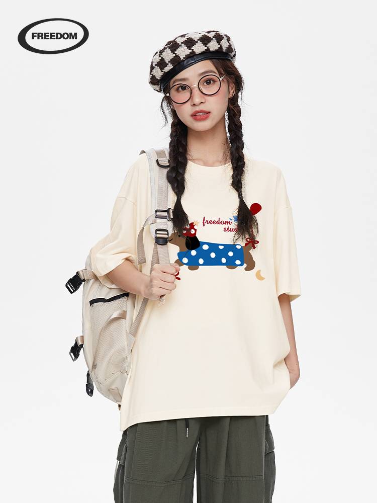 FreeDom Japanese cute waxic dog balloon printed T -shirt female summer American loose and versatile couple top