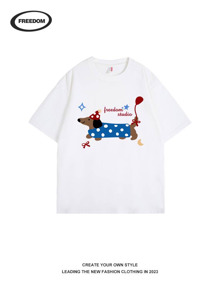 FreeDom Japanese cute waxic dog balloon printed T -shirt female summer American loose and versatile couple top