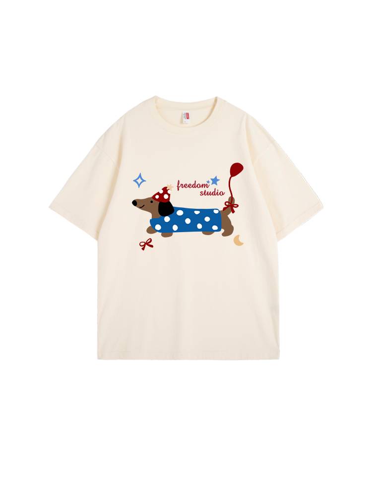 FreeDom Japanese cute waxic dog balloon printed T -shirt female summer American loose and versatile couple top