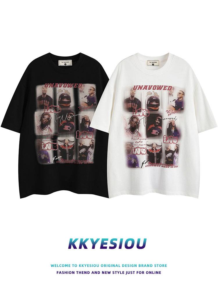 KKYESIOU American retro rugby short -sleeved T -shirt men and women oversize hip -hop INS couple tops