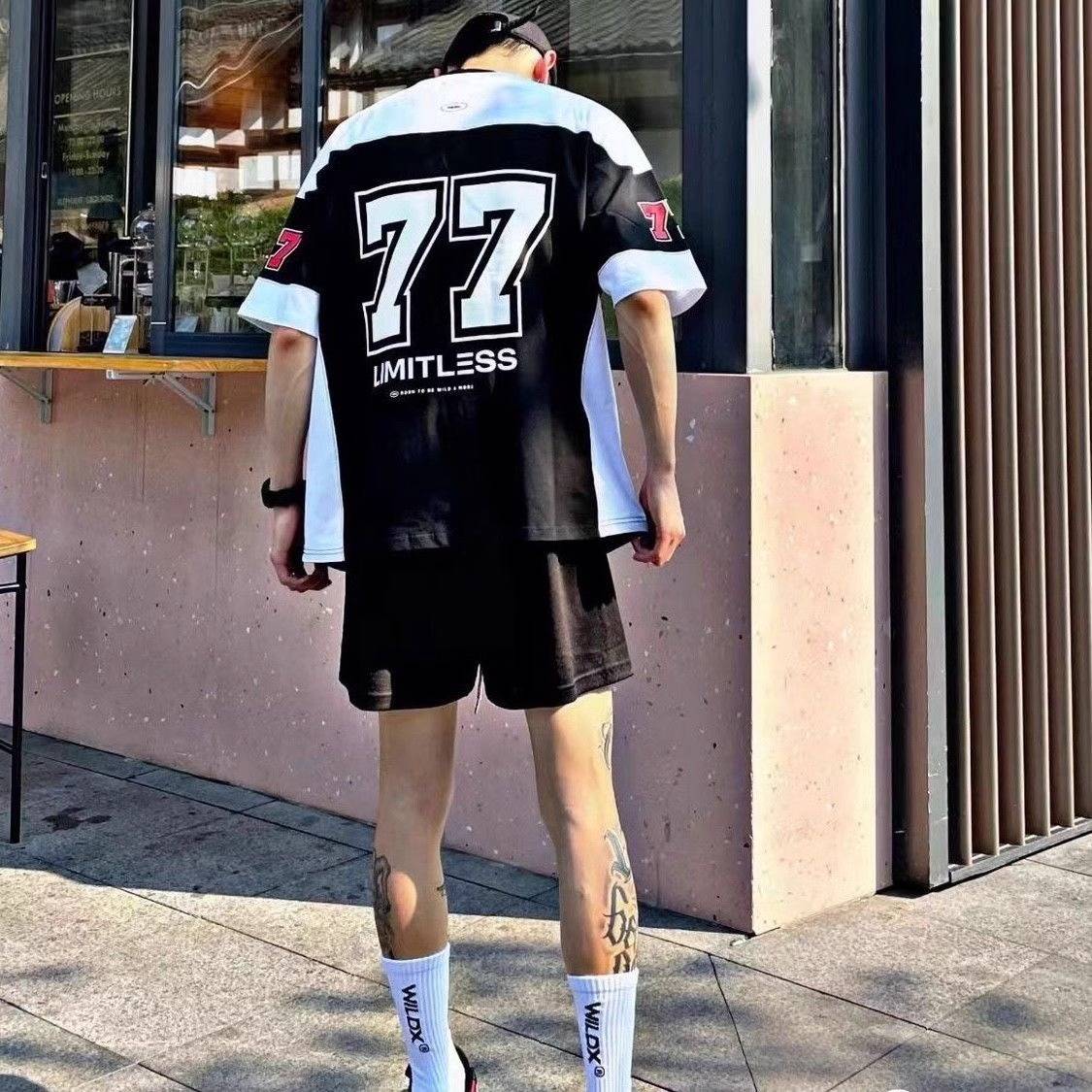American ice hockey short -sleeved T -shirt men's loose casual retro sports rugby uniform hip -hop jersey basketball shirt