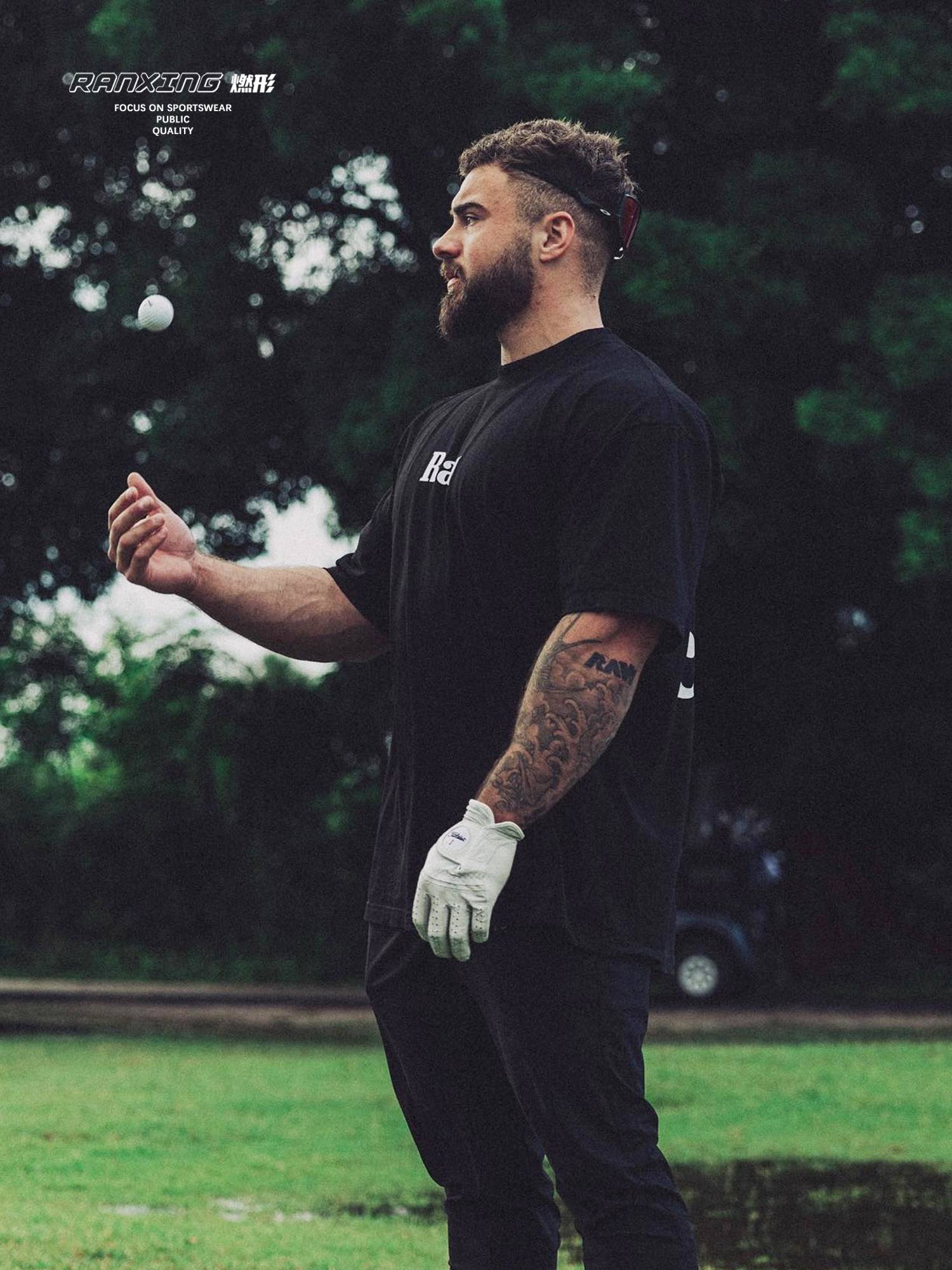 Burning -shaped RAW Rugby Fitness Sports Short Sleeve Iron Driven Pound Summer Loose T -shirt Pure Cotton Tide Falling Shoulder