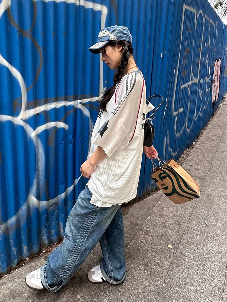 American street T -shirt female 2024 new summer rugby jersey short sleeve oversize loose casual top