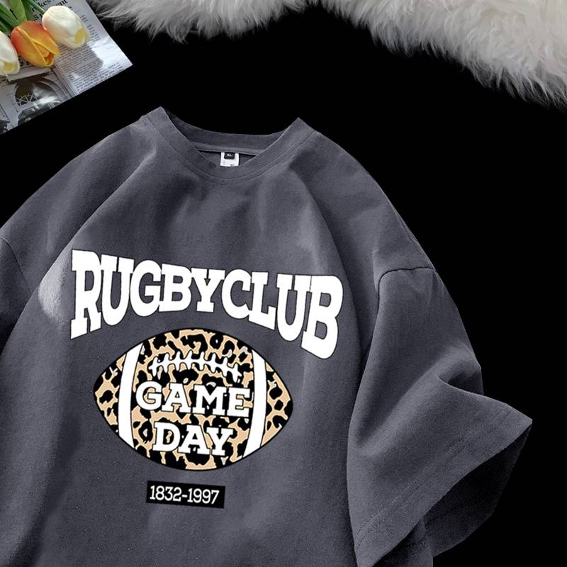 Summer pure cotton tide printed rugby round neck short -sleeved T -shirt male ins uncontal couple versatile half -sleeved shirt