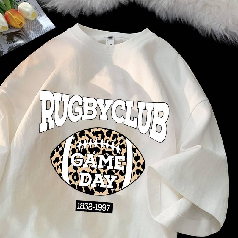 Summer pure cotton tide printed rugby round neck short -sleeved T -shirt male ins uncontal couple versatile half -sleeved shirt