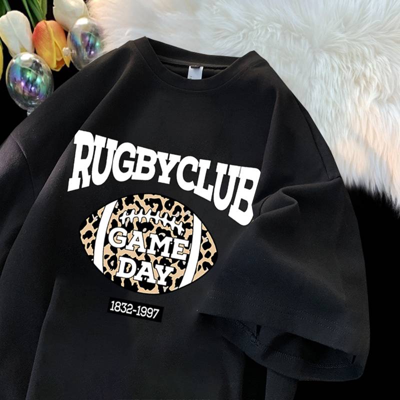 Summer pure cotton tide printed rugby round neck short -sleeved T -shirt male ins uncontal couple versatile half -sleeved shirt