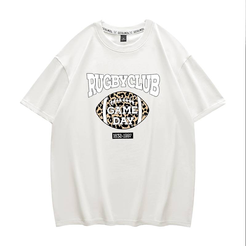 Summer pure cotton tide printed rugby round neck short -sleeved T -shirt male ins uncontal couple versatile half -sleeved shirt