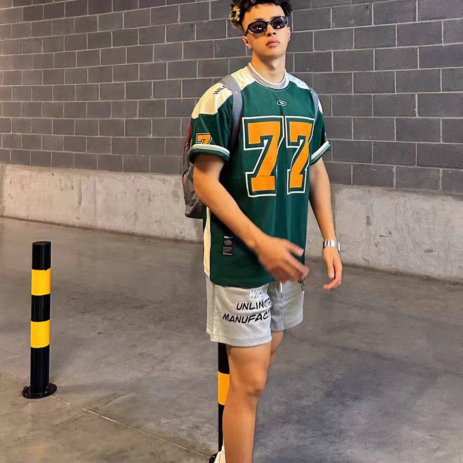 Summer 77 ice hockey short -sleeved men's beauty retro sports stitching casual rugby uniform basketball hip -hop jersey T -shirt