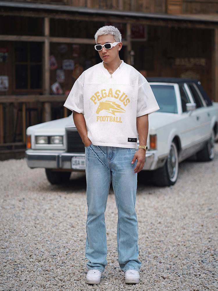 OOTC American retro street sports Pegasus print double -layer mesh eyeball hood jacket T -shirt short -sleeved round neck