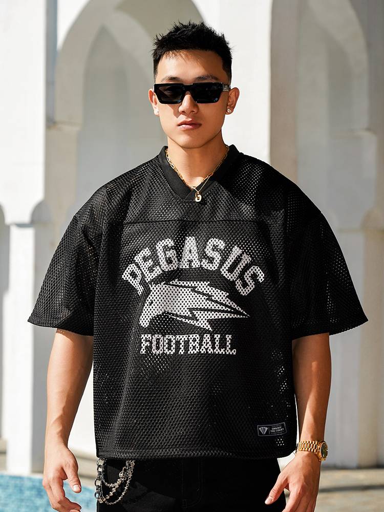OOTC American retro street sports Pegasus print double -layer mesh eyeball hood jacket T -shirt short -sleeved round neck