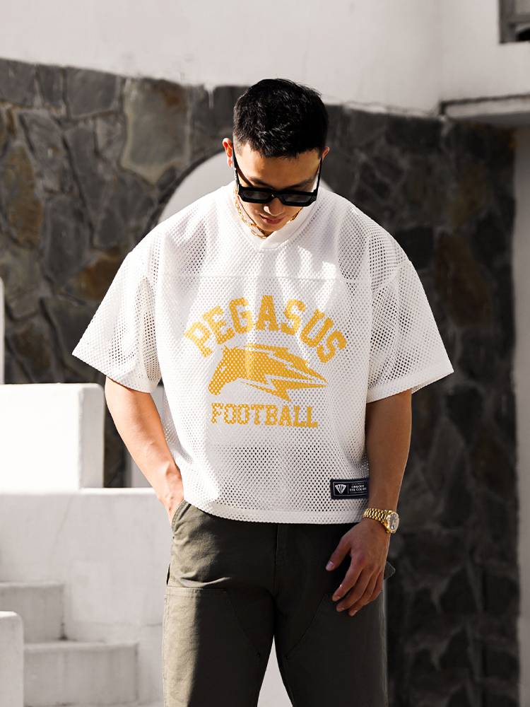 OOTC American retro street sports Pegasus print double -layer mesh eyeball hood jacket T -shirt short -sleeved round neck