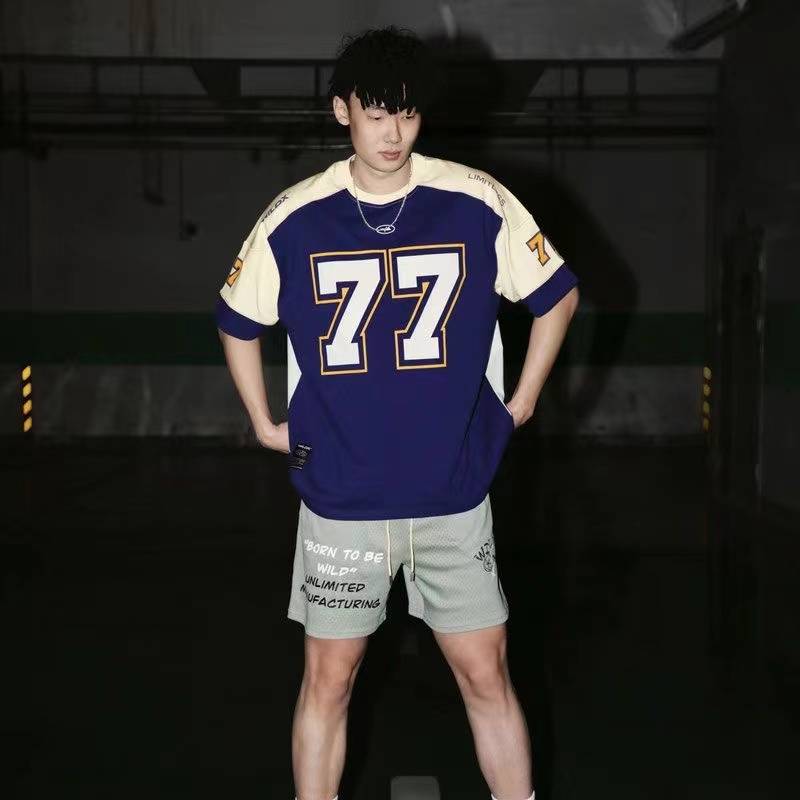 Wildx 77 ice hockey short -sleeved American retro sports stitching casual rugby uniform basketball hip -hop jersey T -shirt