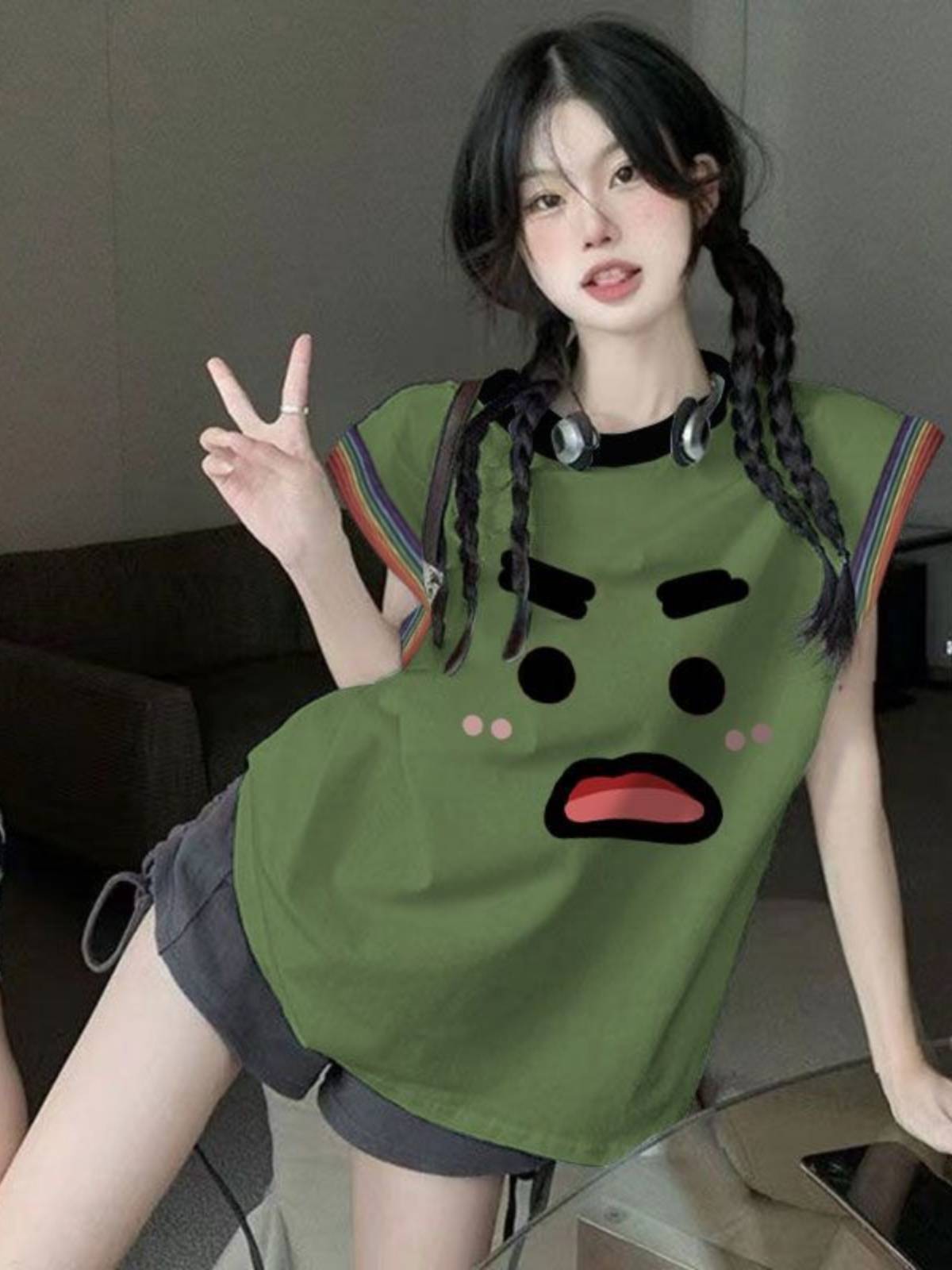 Summer cotton dopamine contrasting casual vest Female wearing mid -length sleeveless T -shirt women's loose jersey top