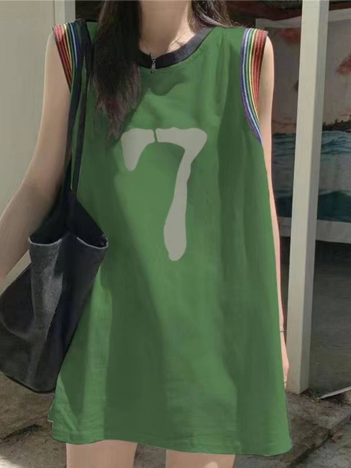 Summer cotton dopamine contrasting casual vest Female wearing mid -length sleeveless T -shirt women's loose jersey top