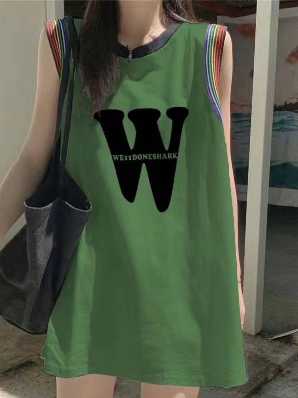 Summer cotton dopamine contrasting casual vest Female wearing mid -length sleeveless T -shirt women's loose jersey top