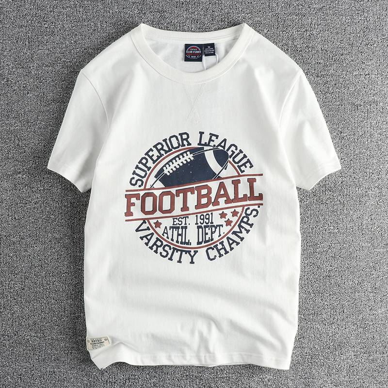230g double yarn cotton retro rugby letter print short -sleeved T -shirt men's new product trendy youth half -sleeved