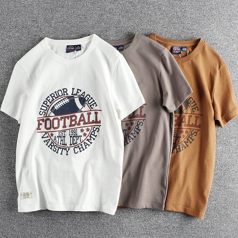 230g double yarn cotton retro rugby letter print short -sleeved T -shirt men's new product trendy youth half -sleeved