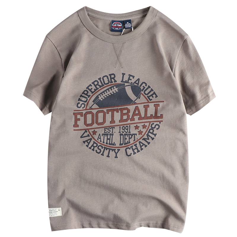 230g double yarn cotton retro rugby letter print short -sleeved T -shirt men's new product trendy youth half -sleeved