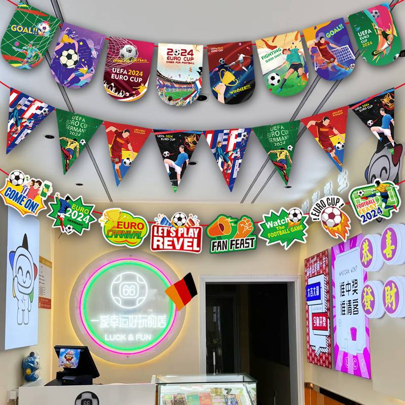 2024 European Cup Decoration Sports Lottery Bar Home Living Room Laboratory Theme Decoration Football Pendant Pulling Flag Lottery Flag