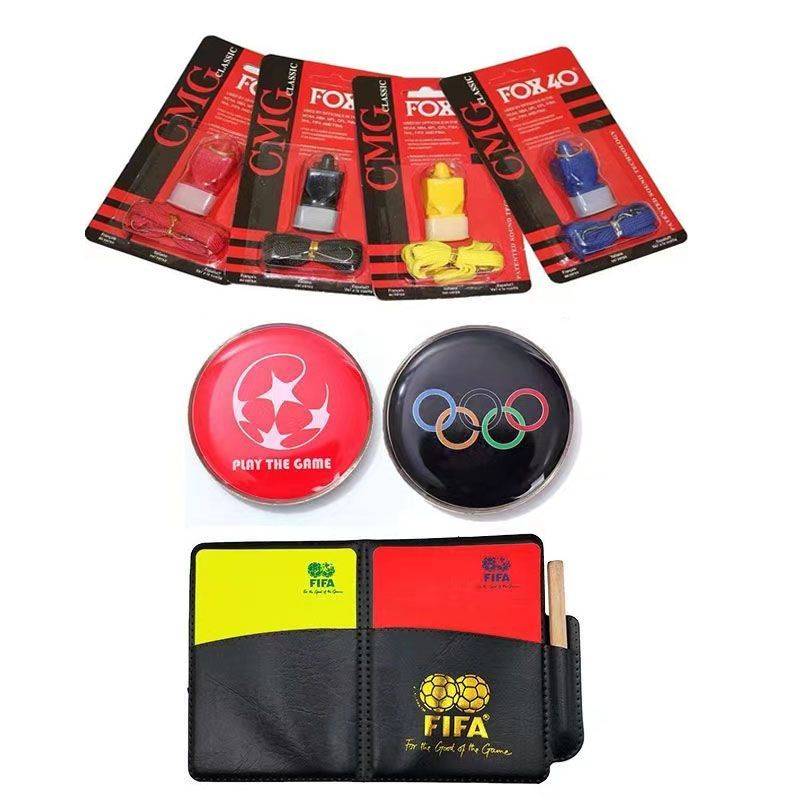 Soccer judge red and yellow with a yellow and red picker and a flag whistle pack full of football equipment