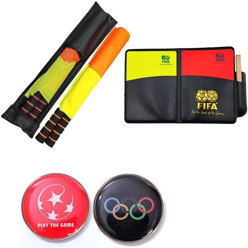 Soccer judge red and yellow with a yellow and red picker and a flag whistle pack full of football equipment