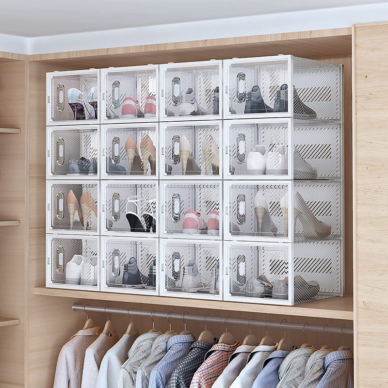 Clear Plastic Stackable Shoe Storage Box Large Top Sneaker Containers High Heels Organizer Rack for Closet Entryway Size 13