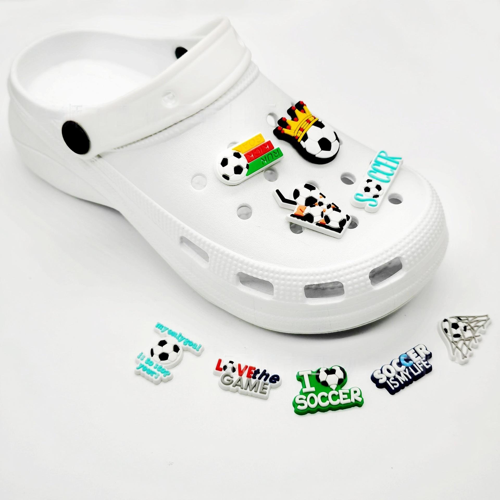 RTS Wholesale sport soccer shoe charms for 2024 PVC designer clog charm vendor football pvc shoe decorations rubber shoe charms