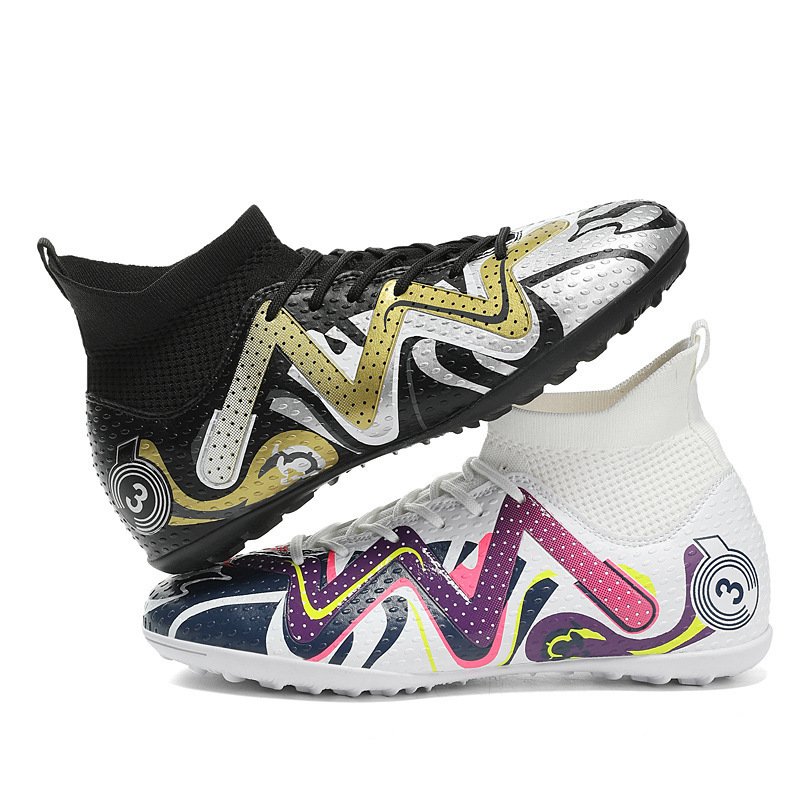Wholesale Ronaldo high top graffiti soccer shoes men's adult training sneakers long spikes broken armor soccer shoes winter