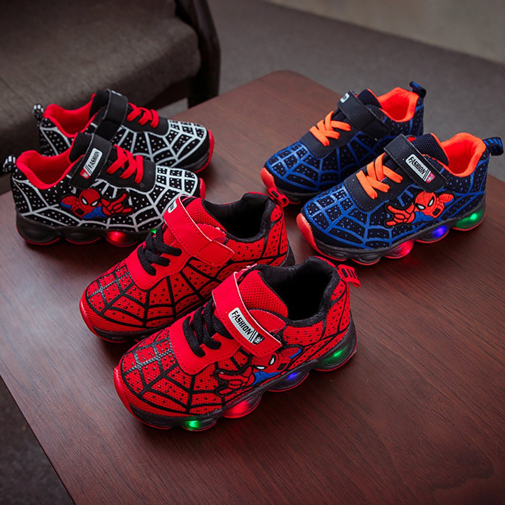 Wholesale New Sports Shoes Kids Spider Man LED Luminous Children's Shoes Boys Casual Shoes Stock Sneakers Soft Sole Cartoon