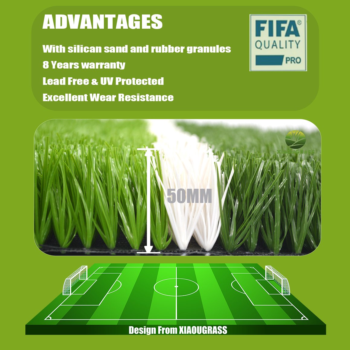 50MM Football turf high density artificial grass for soccer