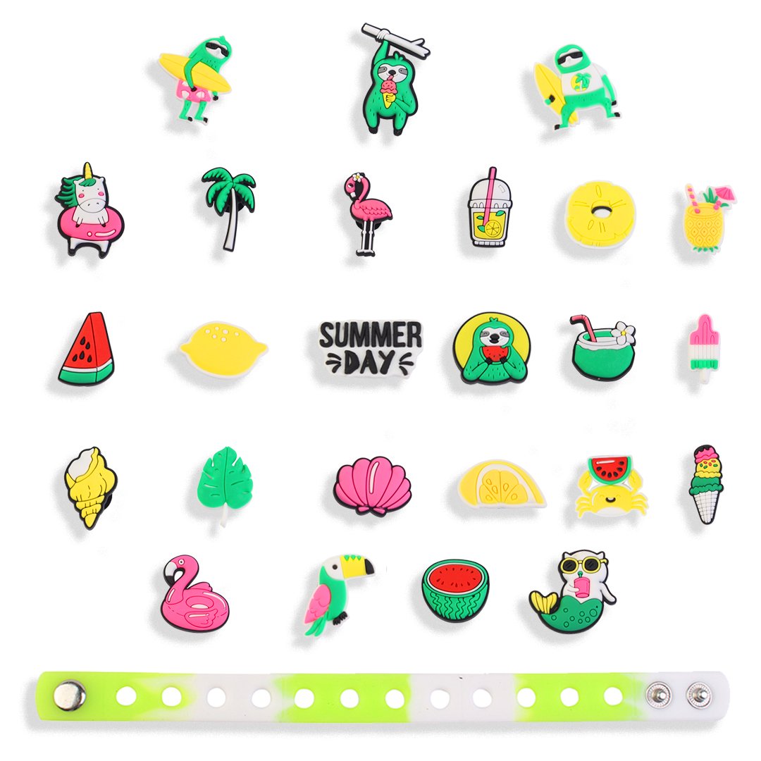 2024 New Arrival Wholesale PVC Custom Design Cute Kawaii Summer Vacation Sandbeach Surfing Swim Fruit Shoe Charms Accessories