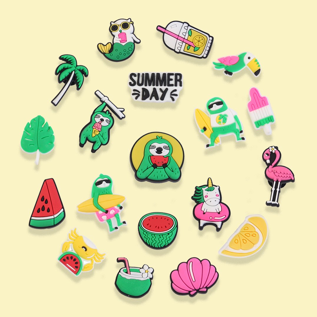 2024 New Arrival Wholesale PVC Custom Design Cute Kawaii Summer Vacation Sandbeach Surfing Swim Fruit Shoe Charms Accessories