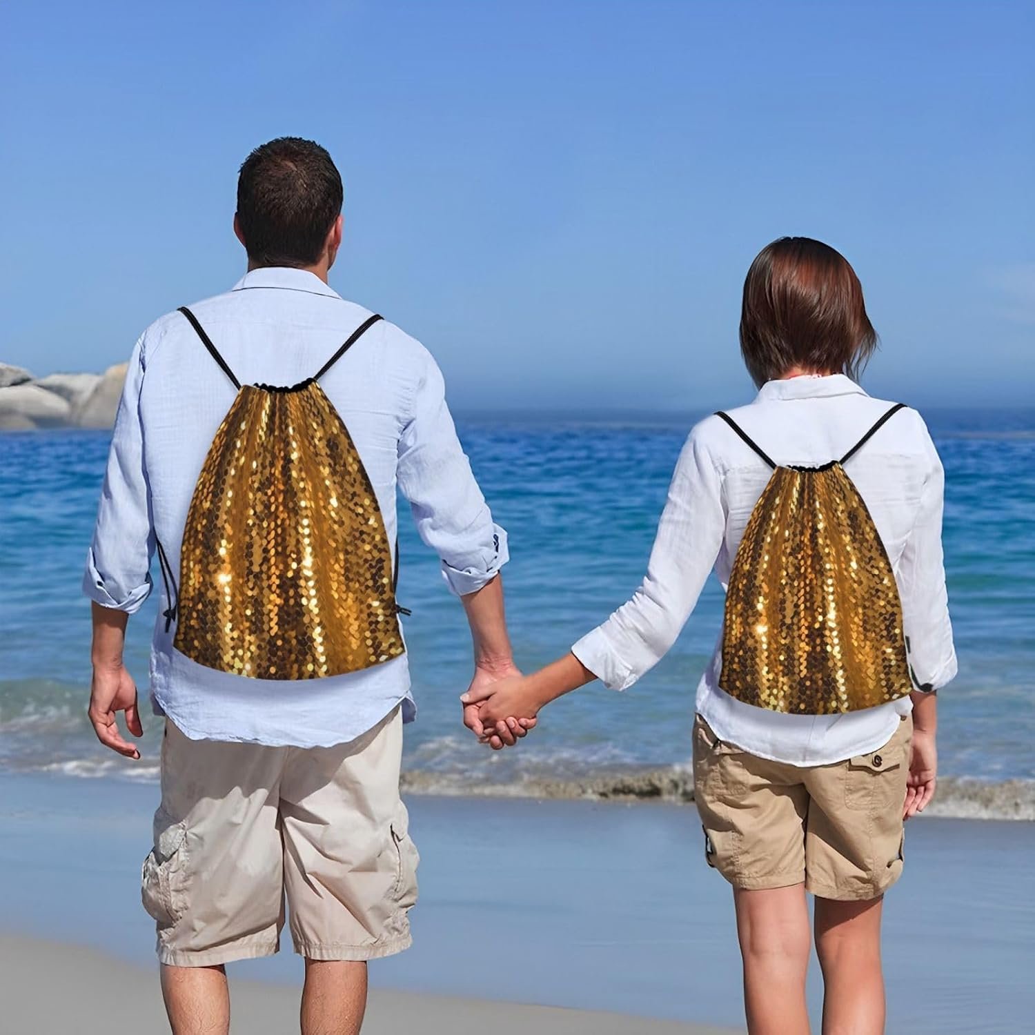 Gold Sequin Sparkle Drawstring Backpack Draw String Bag Waterproof Sports Bag Gym Cinch Bags for Women Men