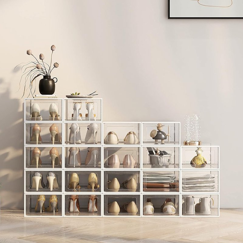 Size 9 Clear Plastic Stackable Shoe Storage Box Organizer for Closet Foldable Shoe Rack Sneaker Container Bin Holder