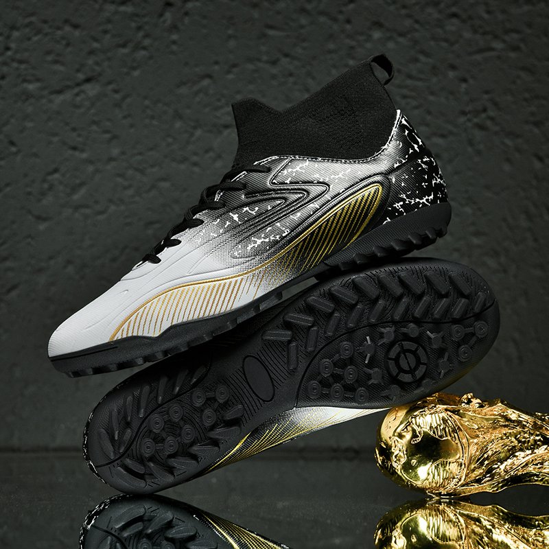 Cross-border Hot Sale Football Boots High Top Gold Spiked Sneakers Custom Design Futsal Soccer Shoes Weight