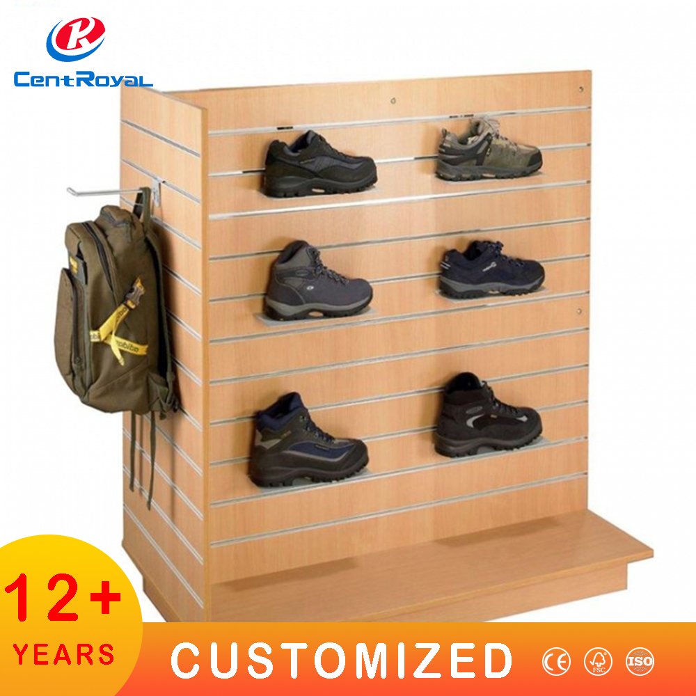 Custom Sport Shop Slipper Sneaker Sandal Shelf Running shoe Garment Store Rack Shelf Shoes wooden Shoe mdf Slatwall Display Rack