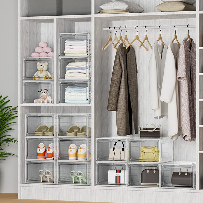 Thicken & Sturdy Clear Shoe Storage Box w/ Magnetic Door Large Foldable Stackable Sneakers Organizer Display Rack