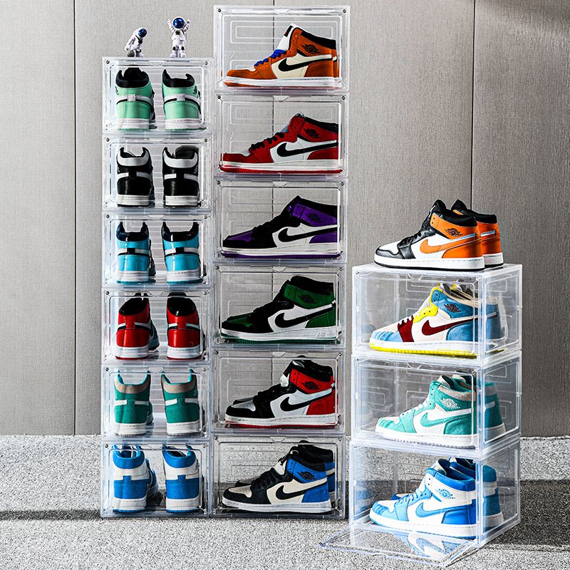 Thicken & Sturdy Clear Shoe Storage Box w/ Magnetic Door Large Foldable Stackable Sneakers Organizer Display Rack