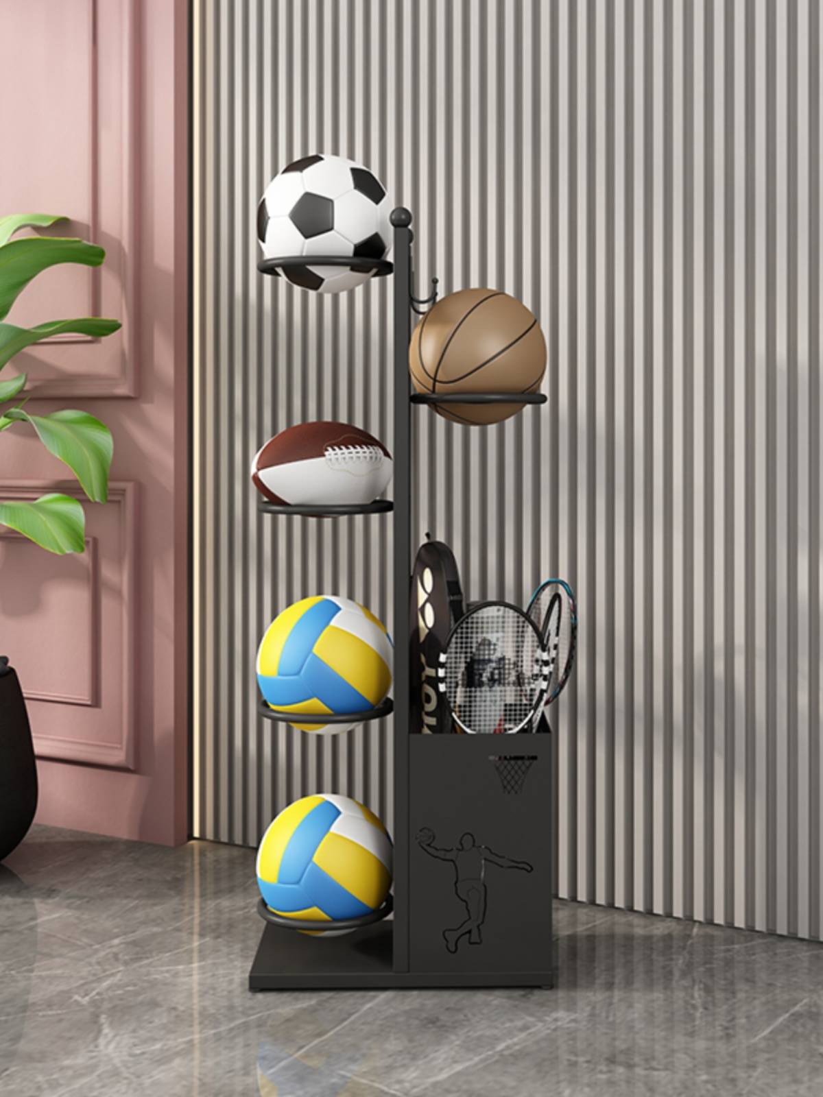 Household basketball storage shelf football volleyball sorting the badminton racket collection basket for children's ball placing the rack