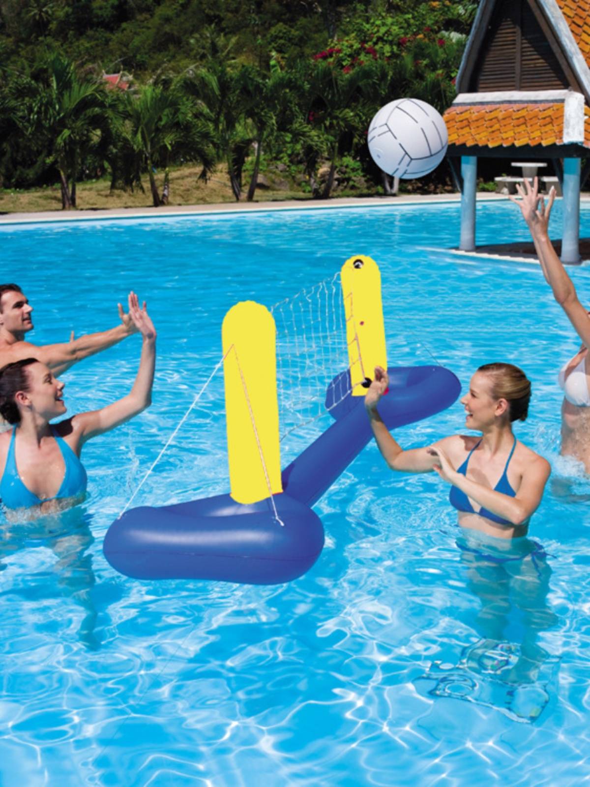 Super-inflatable volleyball net rack floating on a basketball box bowling pool party