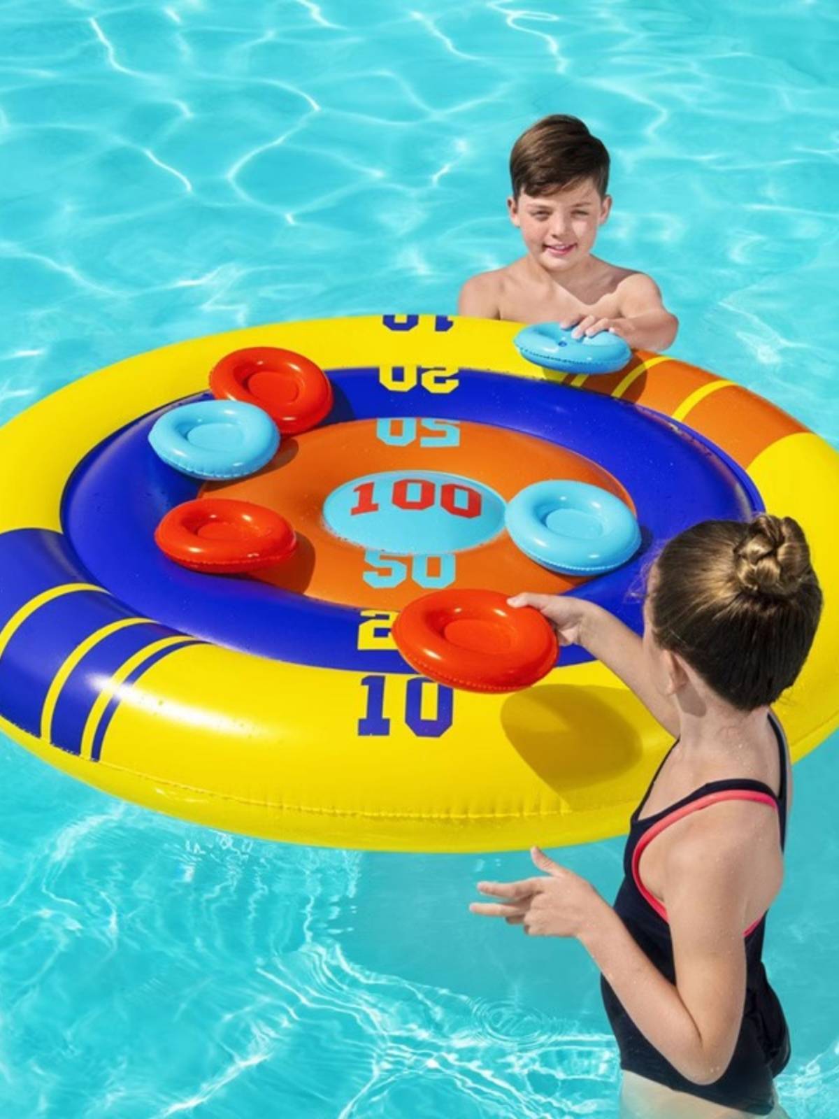 Super-inflatable volleyball net rack floating on a basketball box bowling pool party