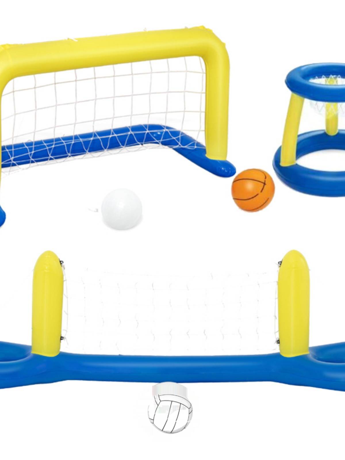 Super-inflatable volleyball net rack floating on a basketball box bowling pool party