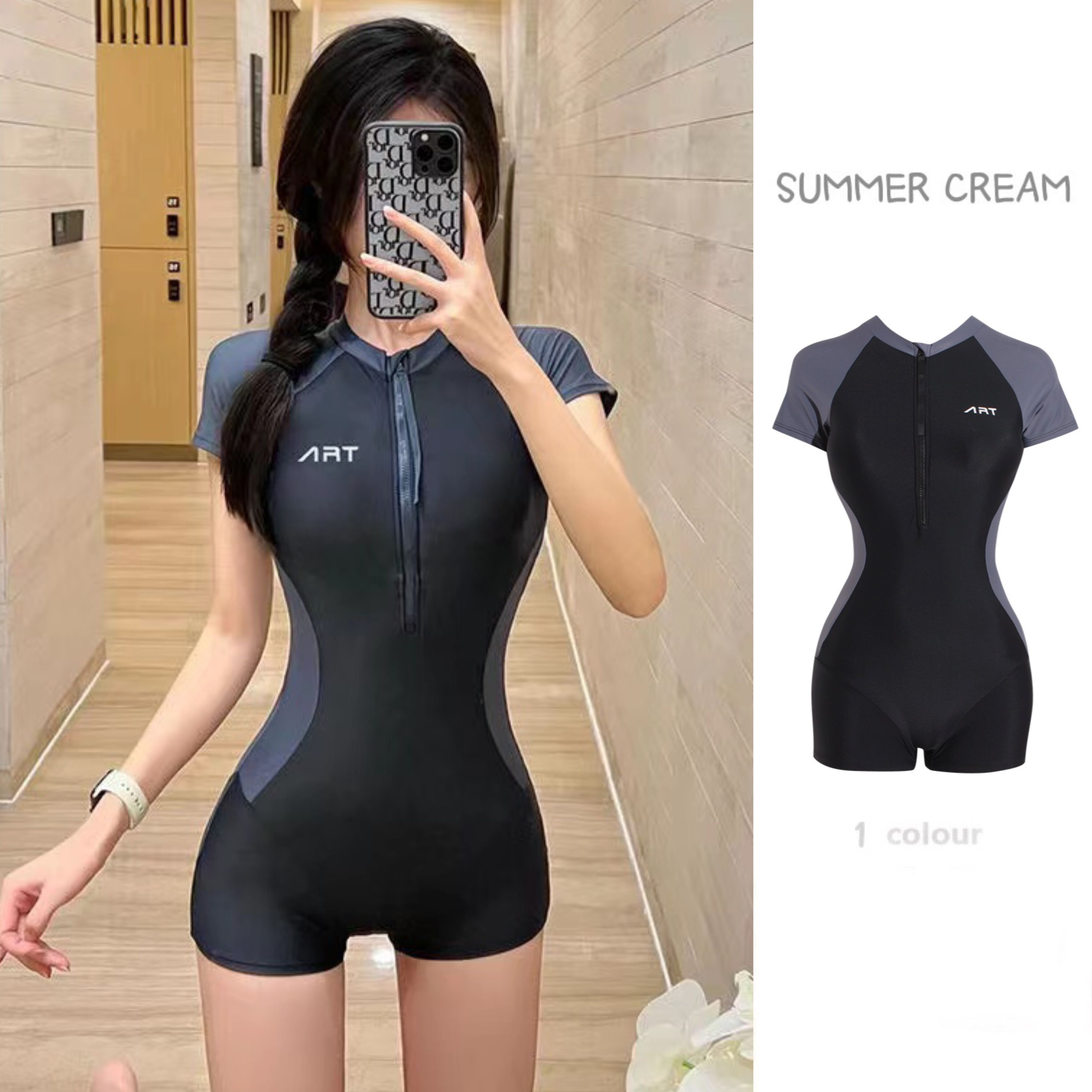 the short sleeve zipper is about to be colored and the swimsuit girl is keeping the skin of korea's ins