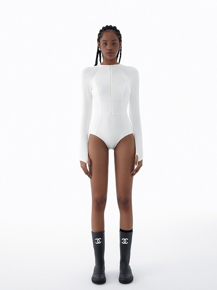 KAMENCAT WHITE ADVANCED SWIMSUIT, LONG-SLEEVED, SUN-PROOF, HOT SPRING VACATION SURFING SUIT