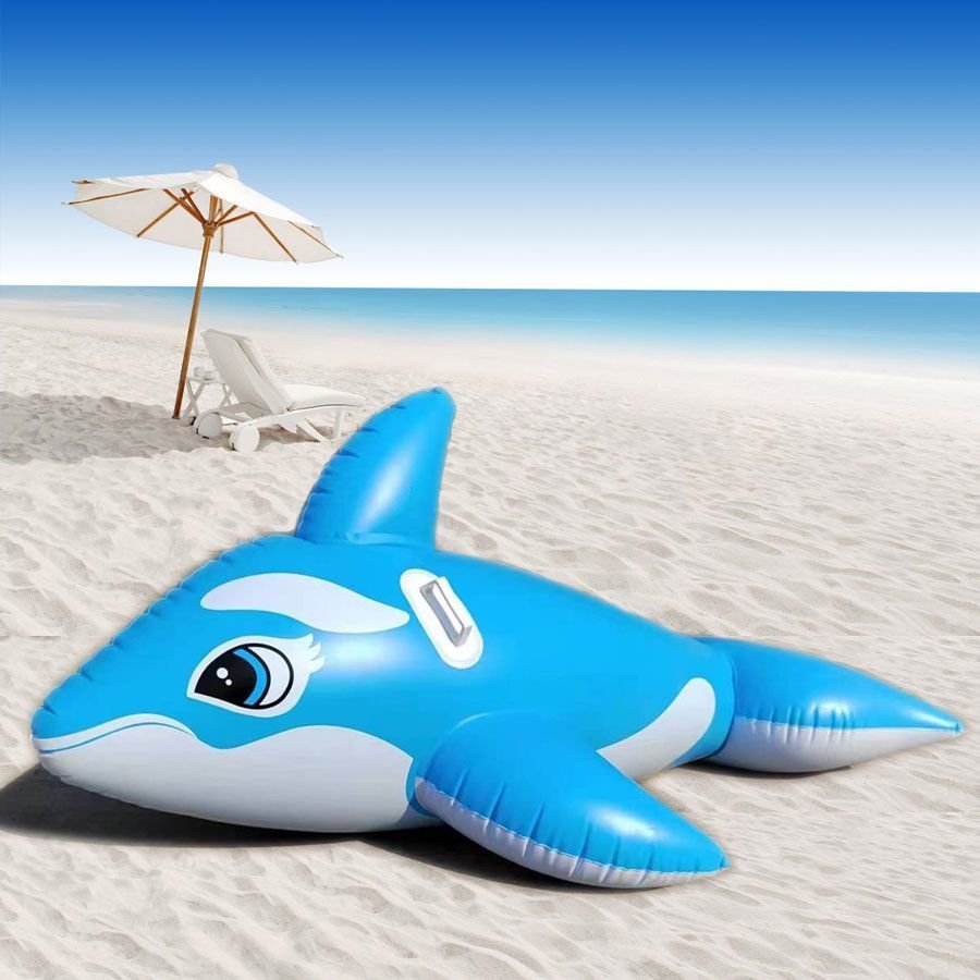 Children surfing as adults floating in inflating swimming pools with thicker black whale sharks and dolphins
