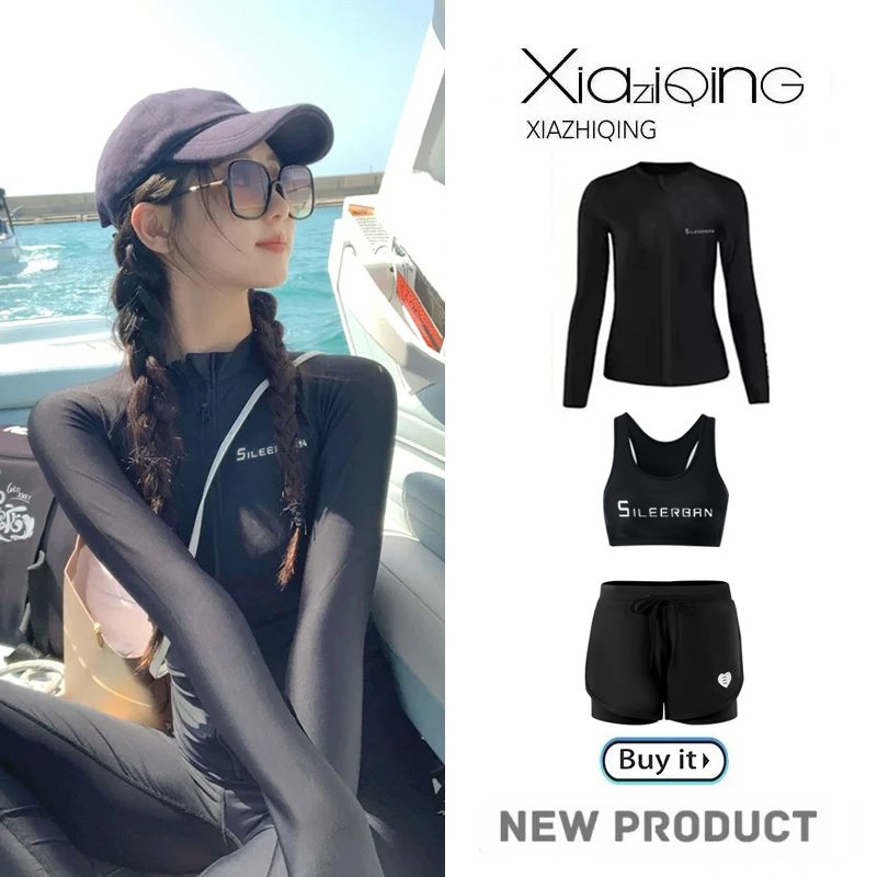 The sunscreen bathing suit girl, a skinny scrawl diver, a long-sleeved sweatsuit, a spa bathing suit