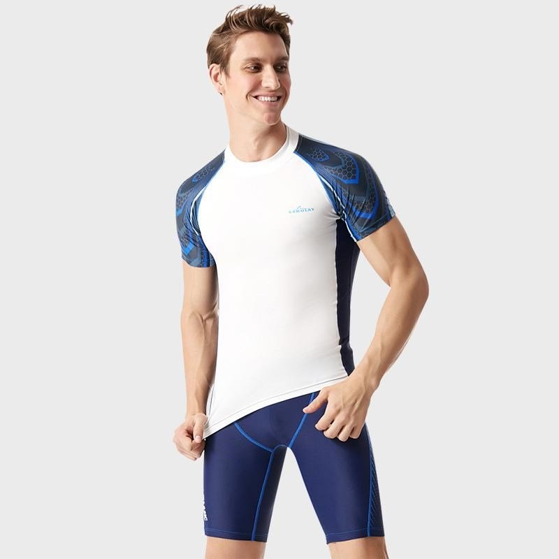 A man with a big short-sleeve bathing suit and a man with a swimsuit